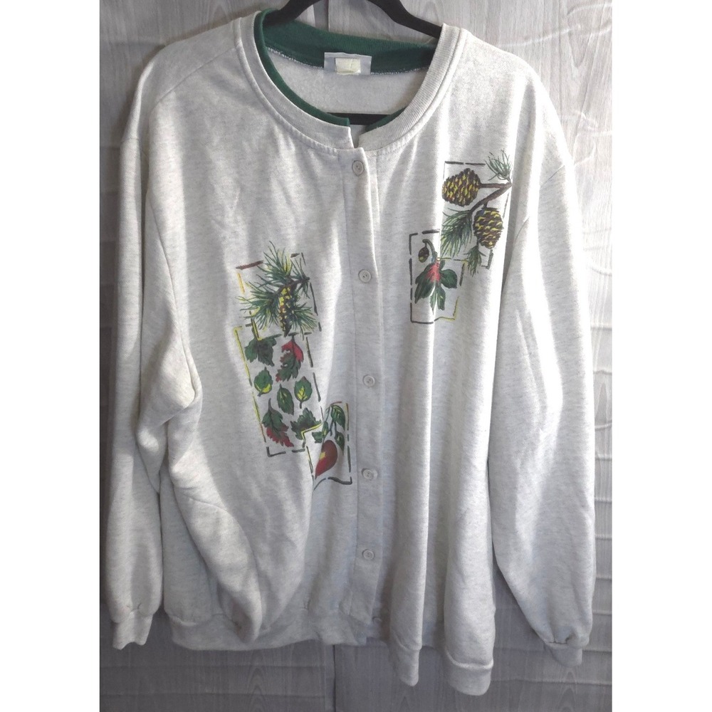 Vtg Blair Gray Sweatshirt Cardigan Womens PLus Size‎ 3X Pinecone Acorn Pockets
